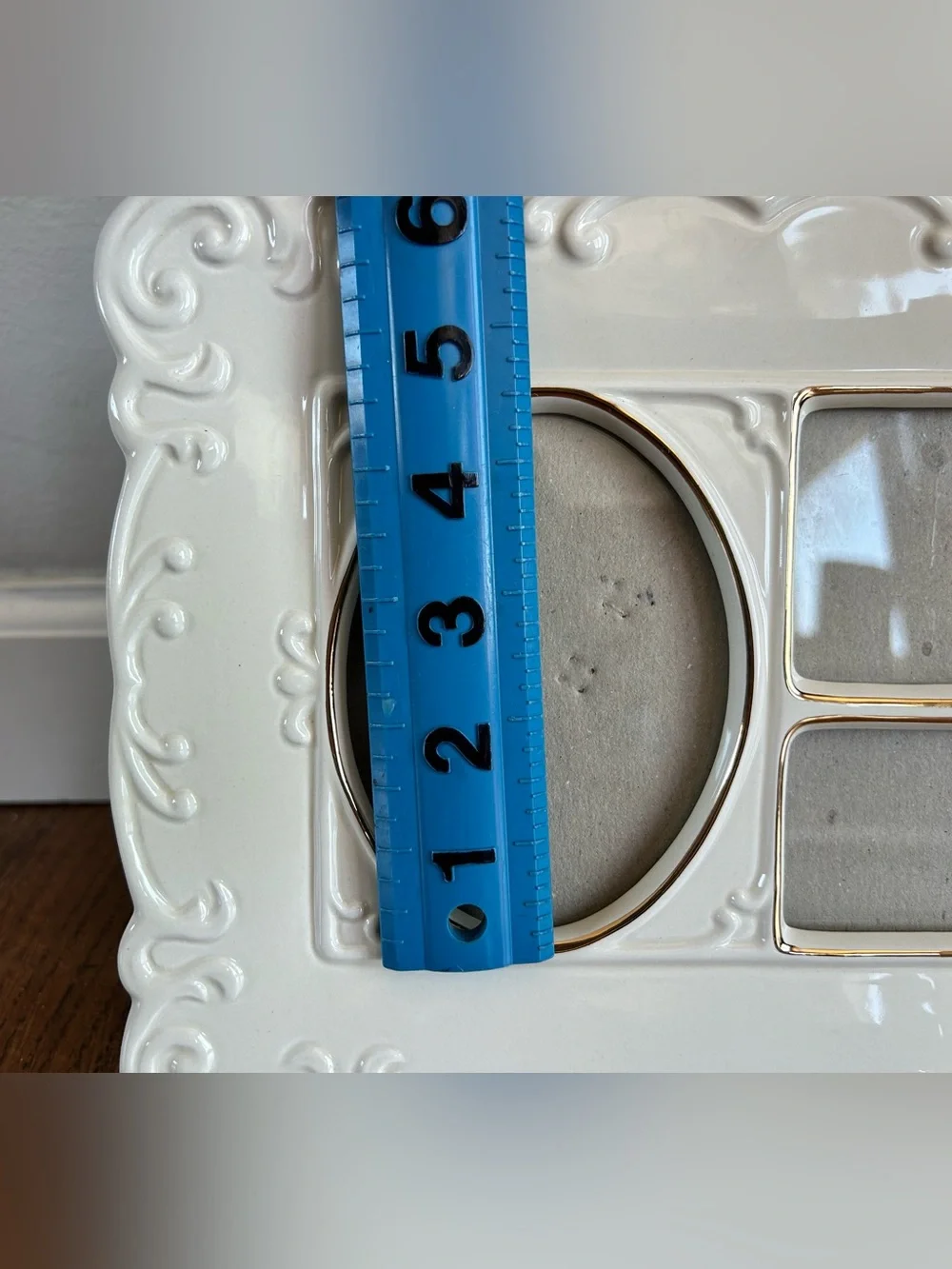 Vintage White Ceramic Collage Frame | Gold Trim, Embossed Scrollwork, Triple Pic
